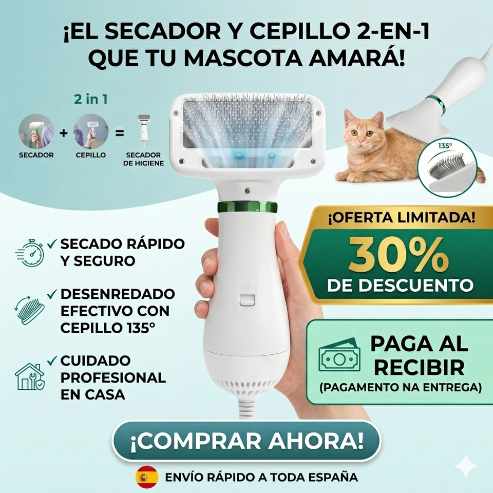 Secador-Cepillo para Mascotas 2 en 1 | Cuidado y Secado Rápido - Portátil y Eficiente